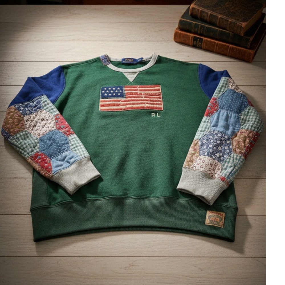 RARE Polo Country RL Retro Patchwork Authentic Dry‎ Goods Flag Sweatshirt L Uni